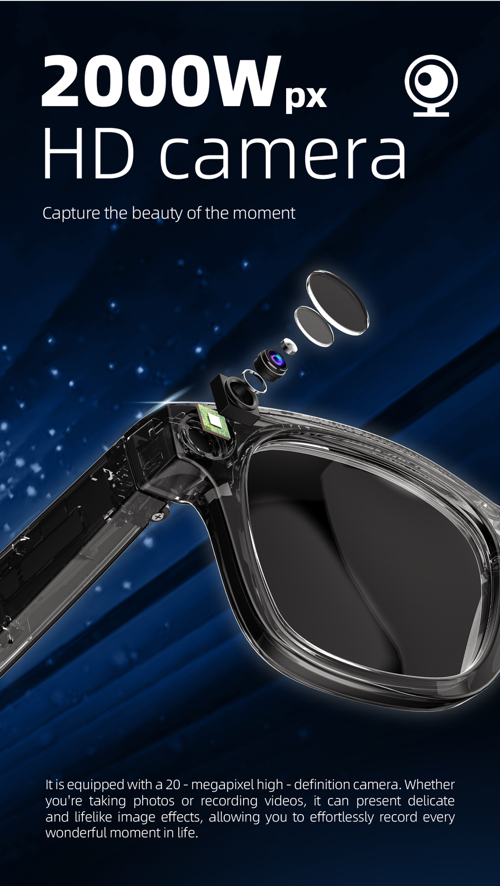 AI Smart Glasses – Open-Ear Bluetooth Audio, Built-In Camera, Real-Time Translation & Voice Assistant