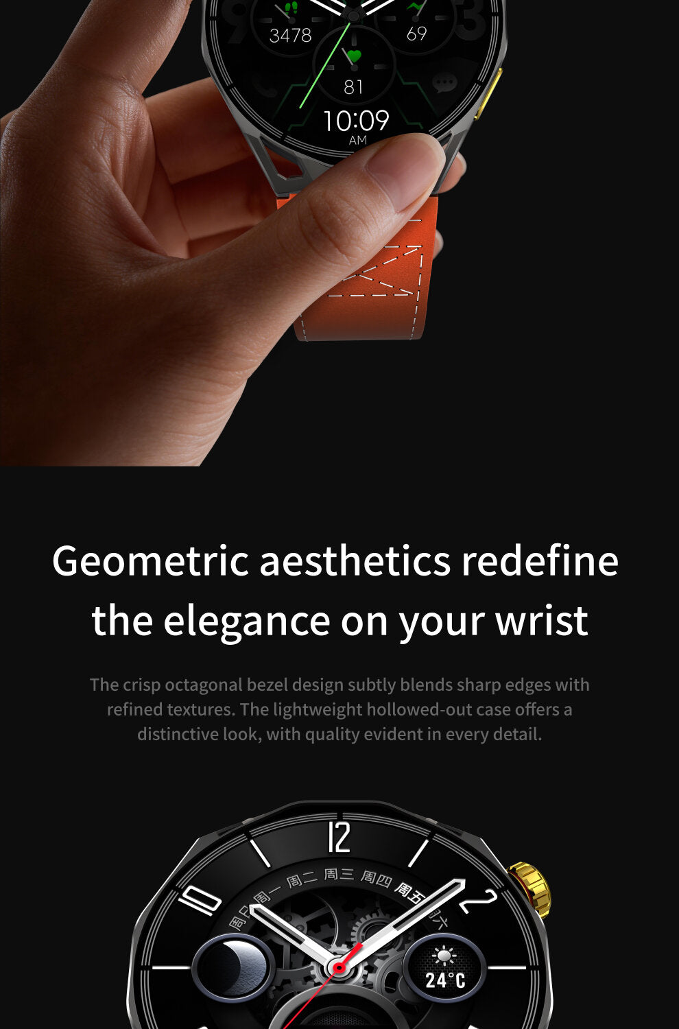 LEWEAR L-X1 Geometric Octagonal Bezel Design Close-Up Golden Crown Detail