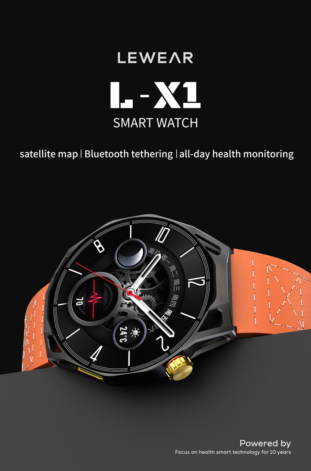 LEWEAR L-X1 Smart Watch Hero Banner - Satellite Map Bluetooth Tethering Health Monitoring